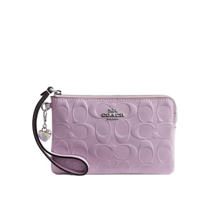 Coach Women's Corner Zip Wristlet In Signature Leather With Heart Charm Silver/Light Violet