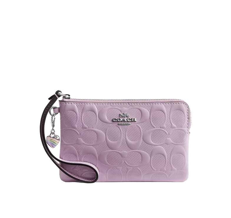 Coach Women's Corner Zip Wristlet In Signature Leather With Heart Charm Silver/Light Violet