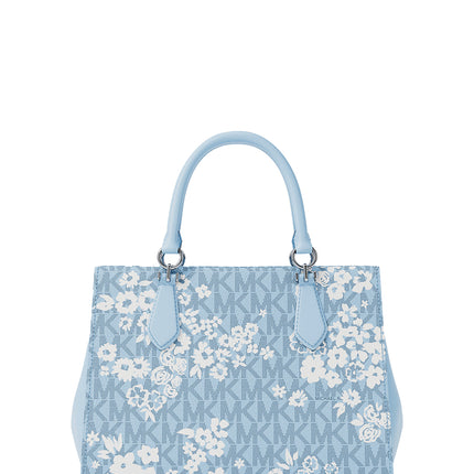 Michael Kors Women's Marilyn Medium Printed Signature Logo Satchel Bag Pale Ocean Silver