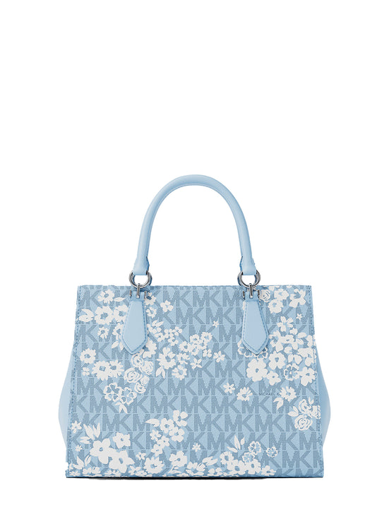 Michael Kors Women's Marilyn Medium Printed Signature Logo Satchel Bag Pale Ocean Silver