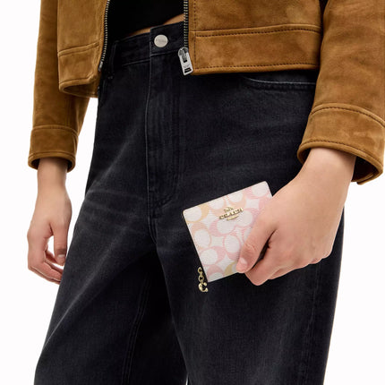 Coach Women's  Snap Wallet In Pretty Signature Canvas Gold/Chalk/Pink