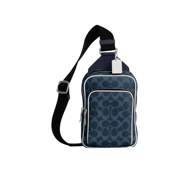 Coach Unisex Racer Sling Pack In Signature Canvas Silver/Ink Blue