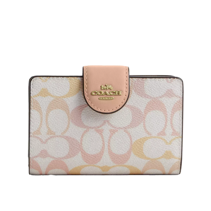 Coach Women's Medium Corner Zip Wallet In Pretty Signature Canvas Gold/Chalk/Pink
