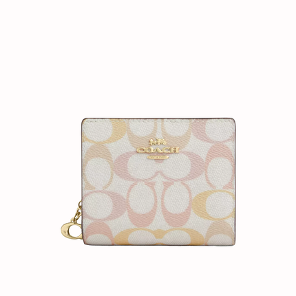Coach Women's  Snap Wallet In Pretty Signature Canvas Gold/Chalk/Pink