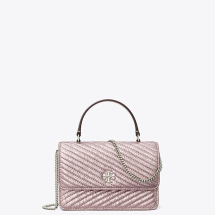 Tory Burch Women's Mini Kira Moto Quilt Metallic Top-Handle Crossbody Sparkle Pink