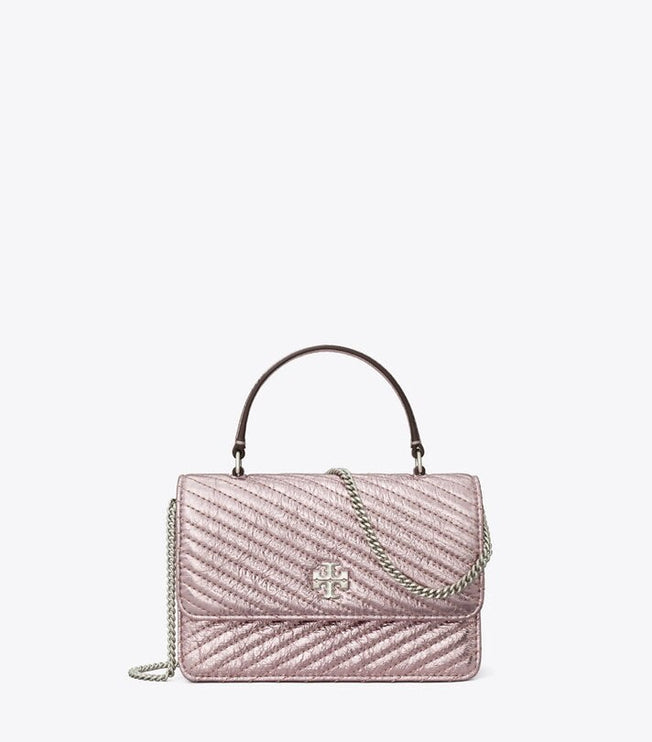 Tory Burch Women's Mini Kira Moto Quilt Metallic Top-Handle Crossbody Sparkle Pink