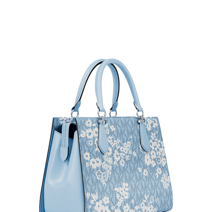 Michael Kors Women's Marilyn Medium Printed Signature Logo Satchel Bag Pale Ocean Silver