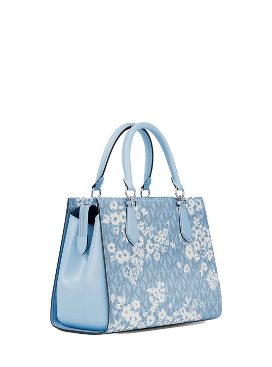 Michael Kors Women's Marilyn Medium Printed Signature Logo Satchel Bag Pale Ocean Silver