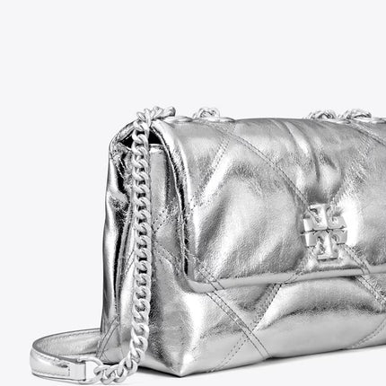 Tory Burch Women's Small Kira Diamond Quilt Metallic Convertible Shoulder Bag Silver