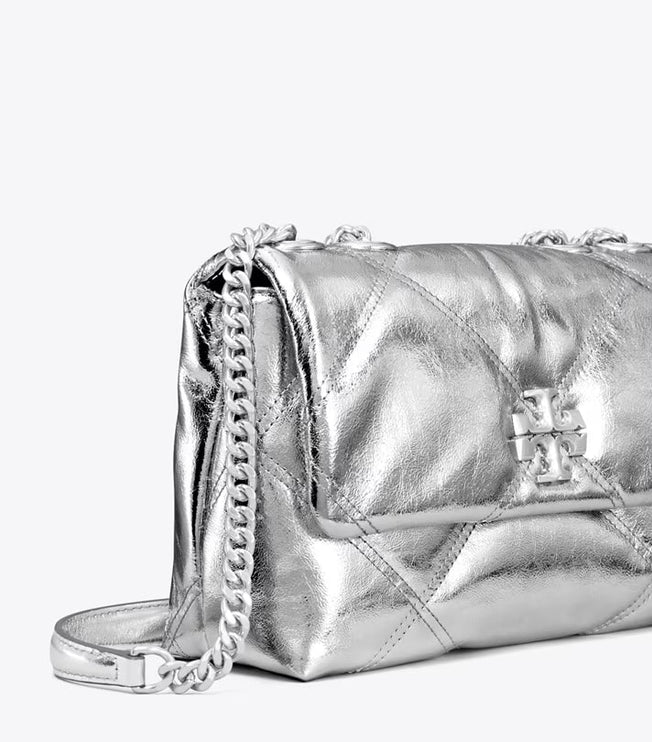 Tory Burch Women's Small Kira Diamond Quilt Metallic Convertible Shoulder Bag Silver