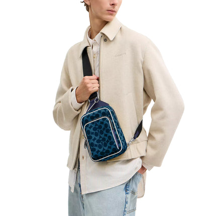 Coach Unisex Racer Sling Pack In Signature Canvas Silver/Ink Blue