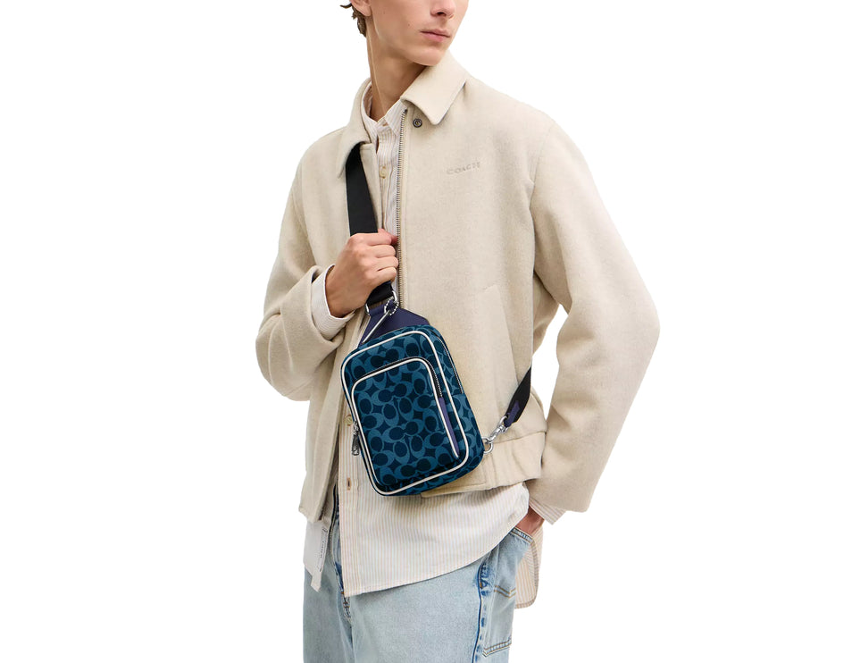 Coach Unisex Racer Sling Pack In Signature Canvas Silver/Ink Blue