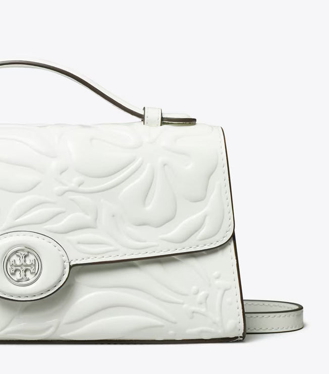 Tory Burch Women's Mini Robinson Floral Embossed Crossbody Blanc
