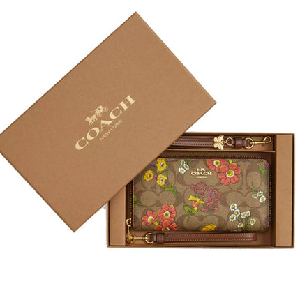 Coach Women's Boxed Long Zip Around Wallet In Signature Canvas With Floral Print Gold/Khaki Multi- Hemen Kargoda