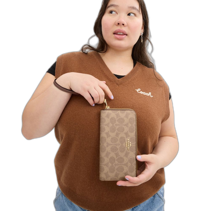 Coach Women's Long Zip Around Wallet In Signature Canvas Gold/Tan/Brown