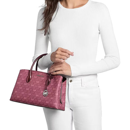 Michael Kors Women's Maya Medium Metallic Signature Logo Satchel Bag Maroon