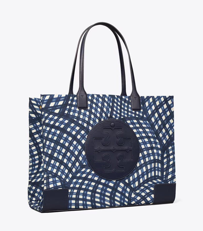 Tory Burch Women's Ella Printed Tote Navy Warped Gingham