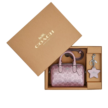 Coach Women's Boxed Mini Rowan Crossbody Bag And Mirror Bag Charm Set In Signature Canvas Silver/Pink