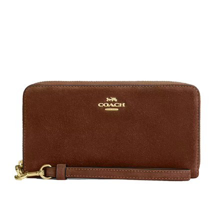 Coach Women's Long Zip Around Wallet Suede/Gold/Warm Brown