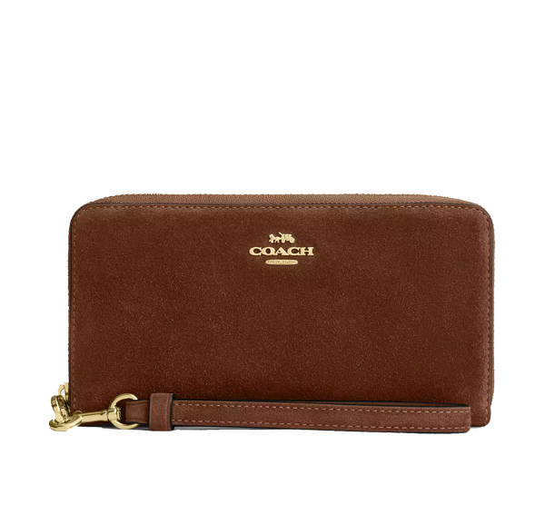 Coach Women's Long Zip Around Wallet Suede/Gold/Warm Brown