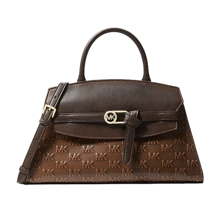 Michael Kors Women's Greta Medium Logo Embossed Satchel Bag Chocolate