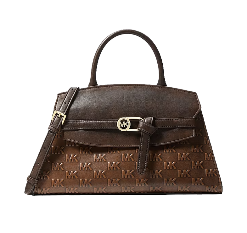Michael Kors Women's Greta Medium Logo Embossed Satchel Bag Chocolate