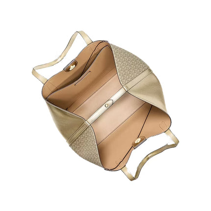 Michael Kors Women's Avalon Medium Metallic and Signature Logo Tote Bag Pale Gold