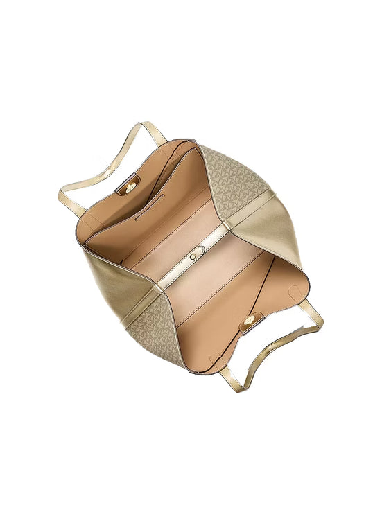 Michael Kors Women's Avalon Medium Metallic and Signature Logo Tote Bag Pale Gold