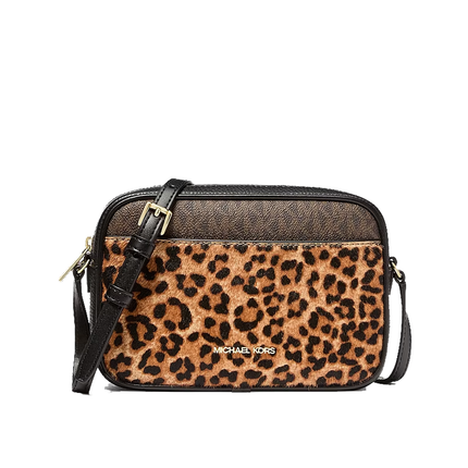 Michael Kors Women's Jet Set Travel Leopard Print Calf Hair and Signature Logo Camera Crossbody Bag Camel Multi