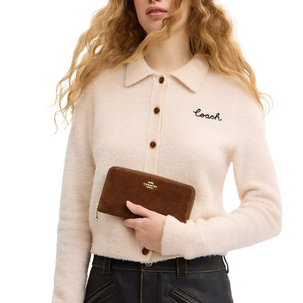 Coach Women's Long Zip Around Wallet Suede/Gold/Warm Brown