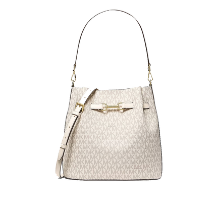 Michael Kors Women's Carson Medium Signature Logo Convertible Bucket Crossbody Bag Light Cream Multi