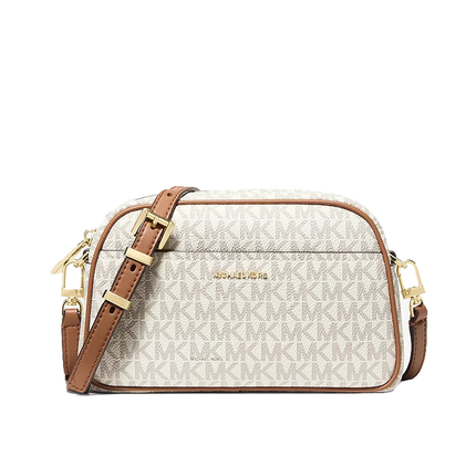 Michael Kors Women's Jet Set Small Signature Logo Camera Crossbody Bag Vanilla/Acorn