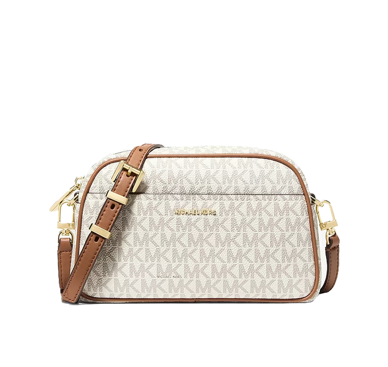 Michael Kors Women's Jet Set Small Signature Logo Camera Crossbody Bag Vanilla/Acorn
