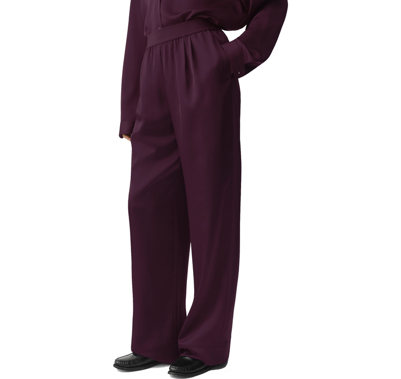 alo Women's Satin High-Waist Smooth Talker Pant (Long) Rich Bordeaux