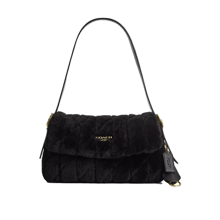 Coach Women's Etta Small Flap Shoulder Bag In Shearling With Quilting Suede/Gold/Black
