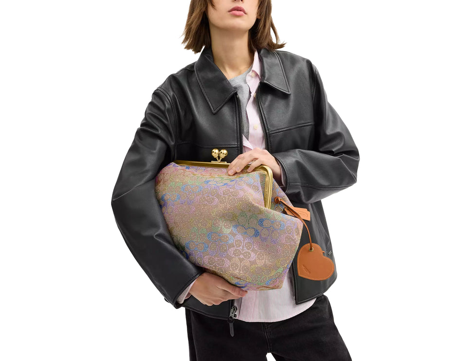 Coach Women's Large Kisslock Frame Bag In Crystal Signature Jacquard Brass/Rainbow Multi