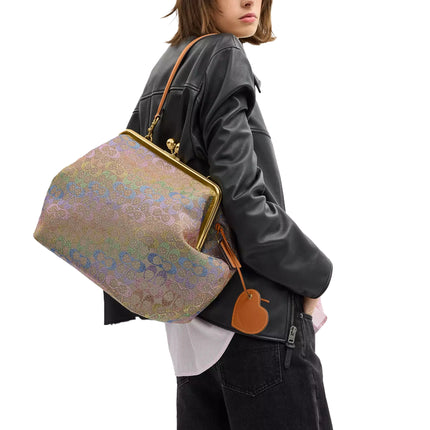 Coach Women's Large Kisslock Frame Bag In Crystal Signature Jacquard Brass/Rainbow Multi