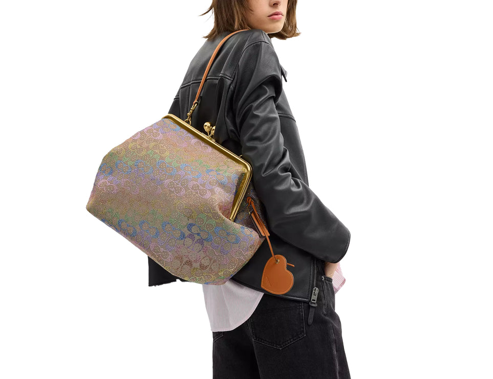 Coach Women's Large Kisslock Frame Bag In Crystal Signature Jacquard Brass/Rainbow Multi