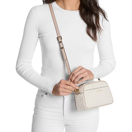 Michael Kors Women's Jet Set Small Signature Logo Camera Crossbody Bag Vanilla/Soft Pink