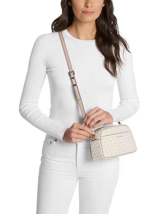 Michael Kors Women's Jet Set Small Signature Logo Camera Crossbody Bag Vanilla/Soft Pink