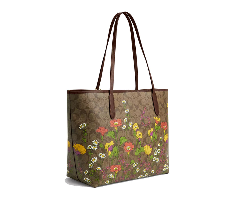 Coach Women's City Tote In Signature Canvas With Floral Print Gold/Khaki Multi