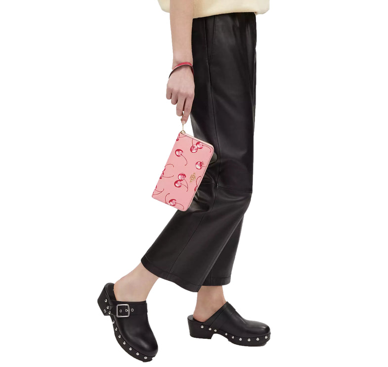 Coach Women's Long Zip Around Wallet With Cherry Print Gold/Flower Pink/Bright Violet
