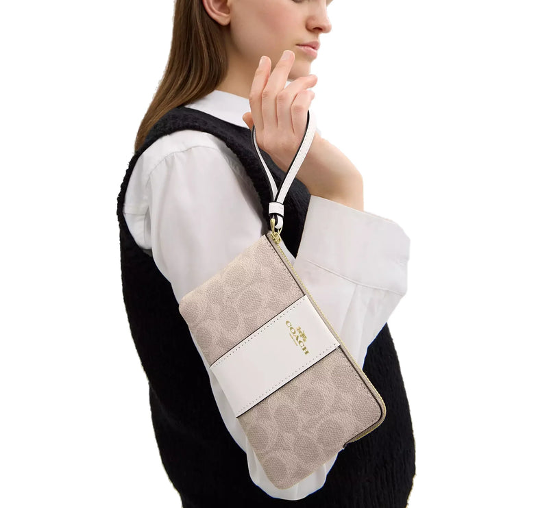 Coach Women's Corner Zip Wristlet In Signature Canvas With Stripe Gold/Sand/Chalk