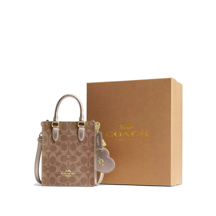 Coach Women's Boxed Mini Tote Bag And Mirror Bag Charm Set In Signature Canvas Gold/Tan/Light Champagne