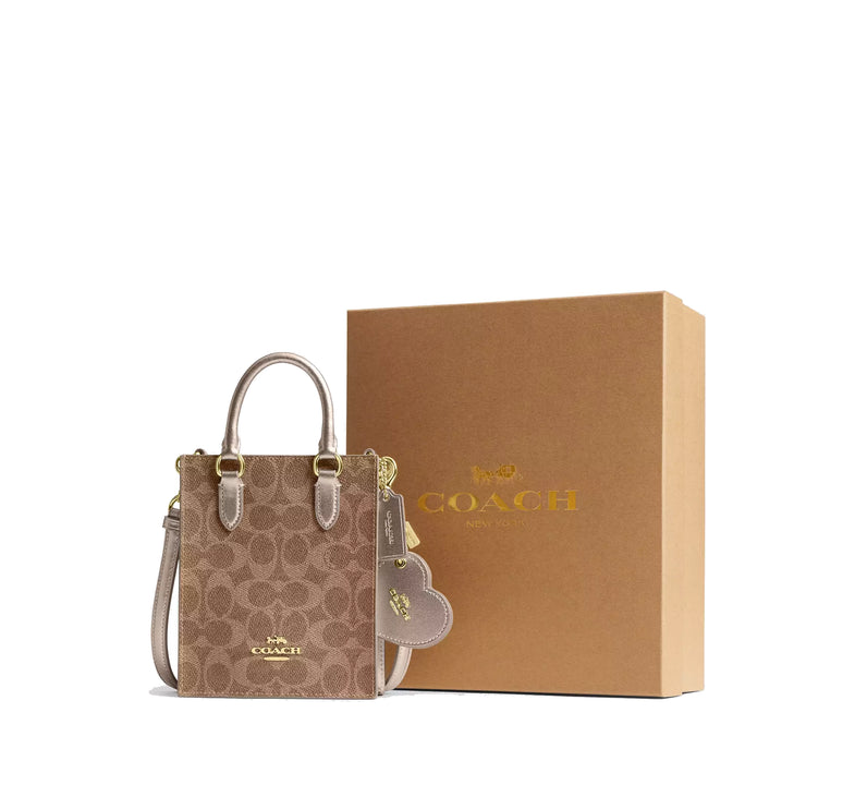 Coach Women's Boxed Mini Tote Bag And Mirror Bag Charm Set In Signature Canvas Gold/Tan/Light Champagne