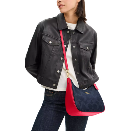 Coach Women's Teri Hobo Bag In Signature Canvas Gold/Denim/Bold Red