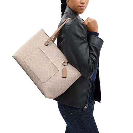Coach Women's Station Tote Bag In Signature Canvas Silver/Sand/Taupe