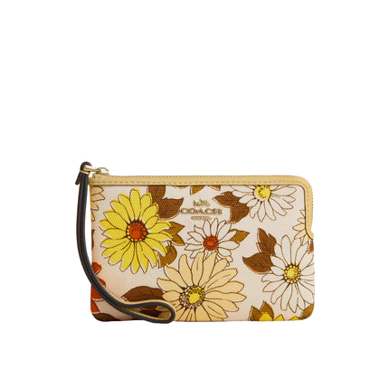 Coach Women's Corner Zip Wristlet With Floral Print Gold/Vanilla Sunflower