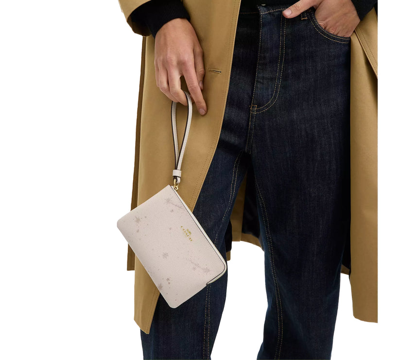 Coach Women's Corner Zip Wristlet With Star Print Gold/Chalk Multi