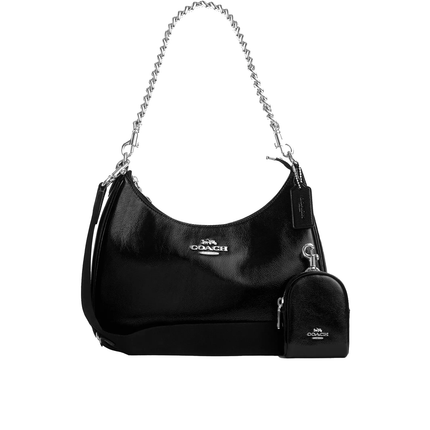 Coach Women's Teri Hobo Bag With Pouch Crinkle Leather Black/Silver
